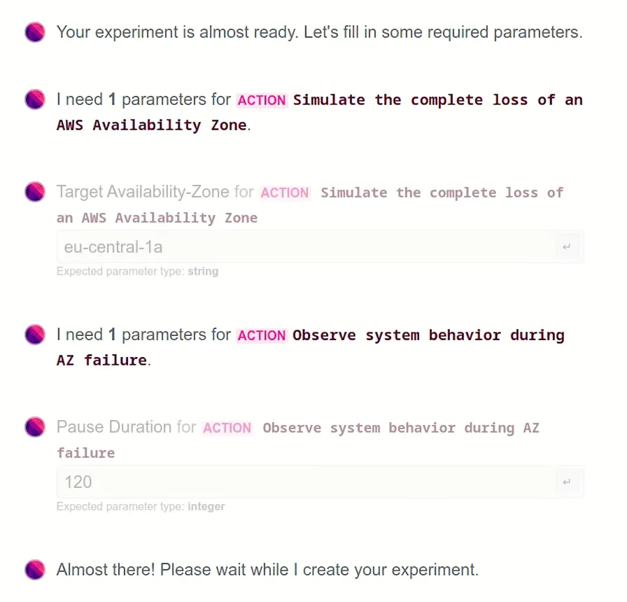 The Assistant asks for some required information for each activity. For example, it asks for the Target Availability Zone. The user has typed eu-central-1a.