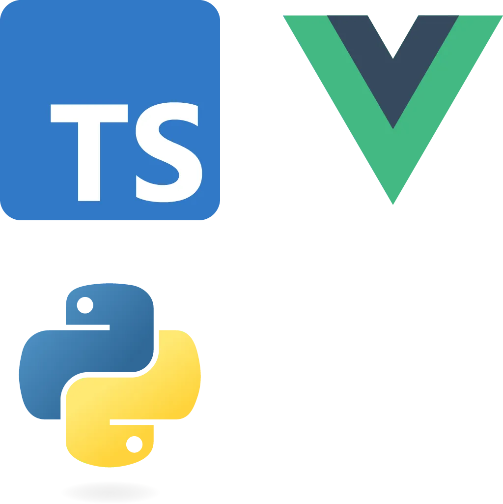 The logos for TypeScript, Vue.js, and Python.