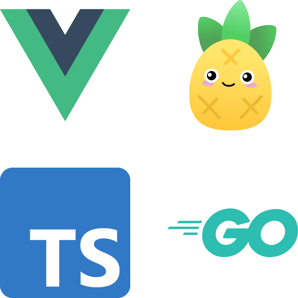 The logos for Vue.js, Pinia, TypeScript and Go.