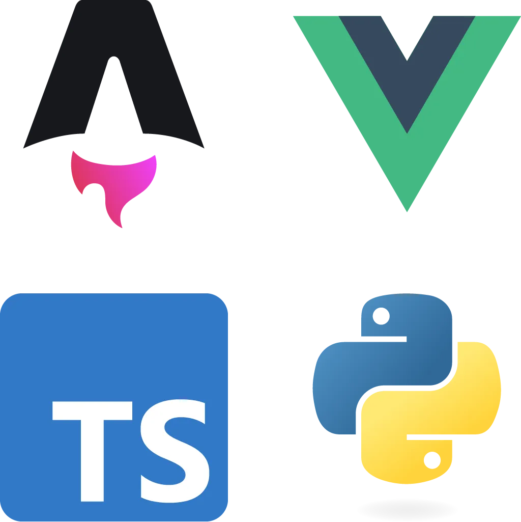 The logos for Astro, Vue.js, TypeScript and Python.