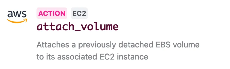 A Reliably action targeting AWS EC2. The action is named attach_volume, and its description reads 'Attaches a previously detached EBS volume to its associated ECS instance'.